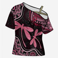 Australia Indigenous Mix Polynesian Cross Shoulder Shirt Pink Ribbon and Dragonflies - Aussie Hoodie