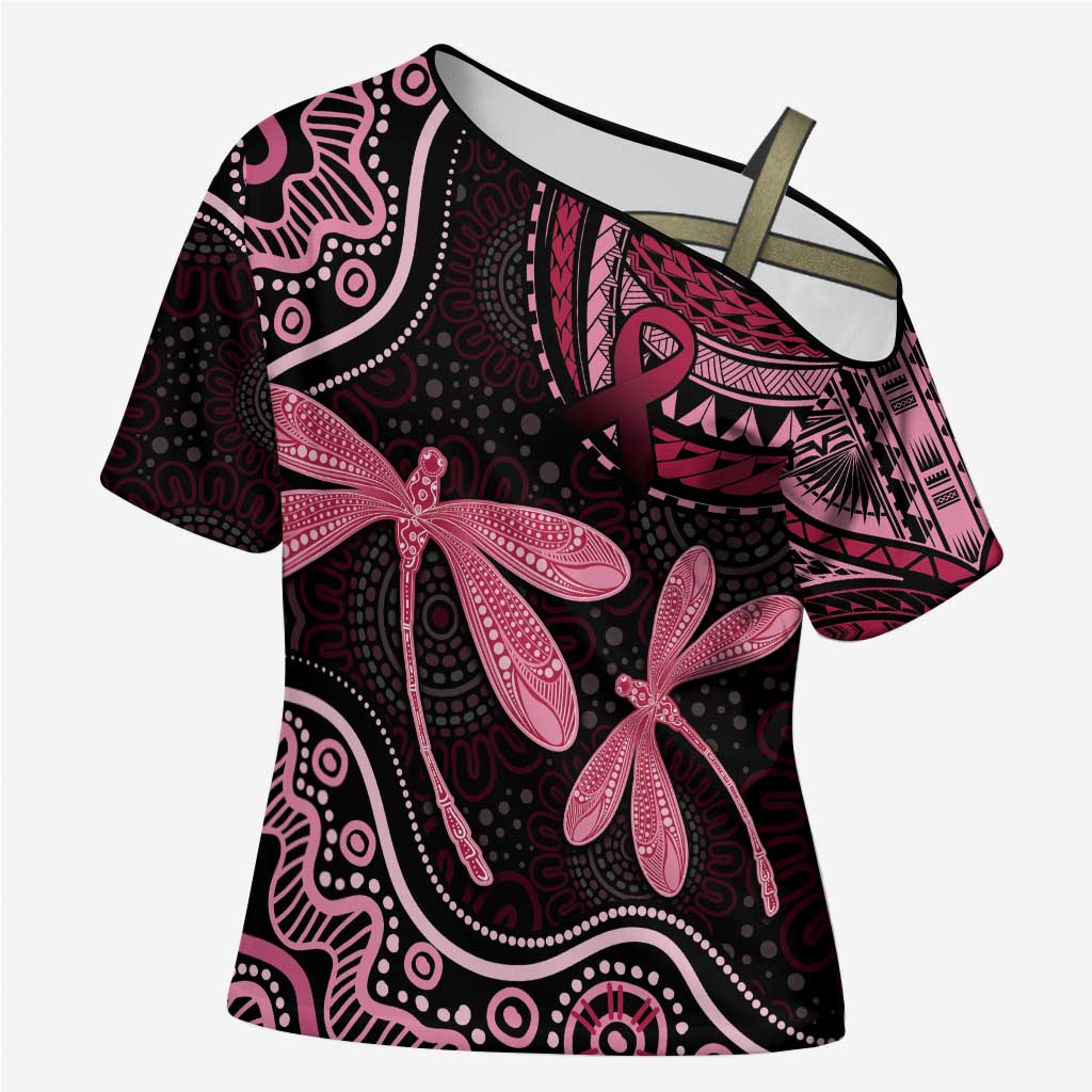 Australia Indigenous Mix Polynesian Cross Shoulder Shirt Pink Ribbon and Dragonflies - Aussie Hoodie