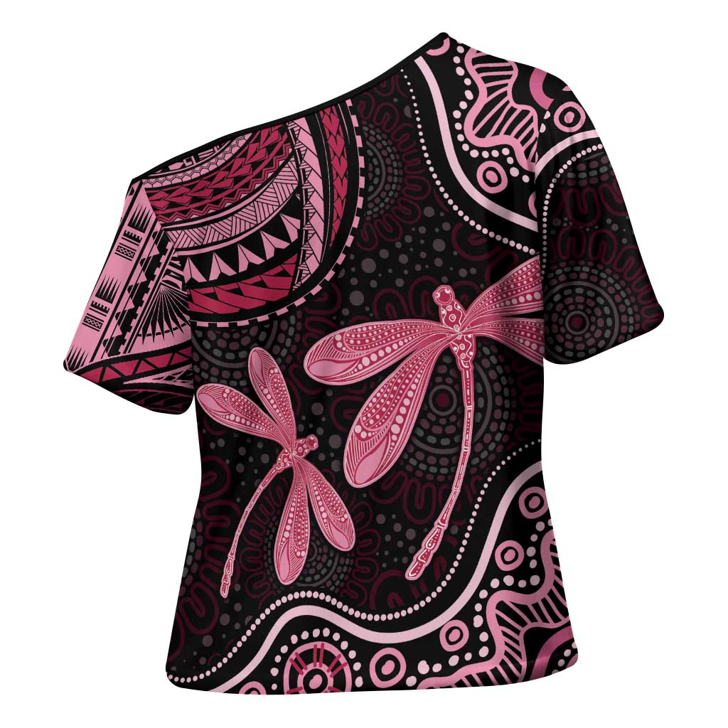 Australia Indigenous Mix Polynesian Cross Shoulder Shirt Pink Ribbon and Dragonflies - Aussie Hoodie