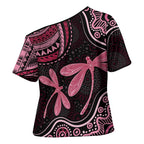 Australia Indigenous Mix Polynesian Cross Shoulder Shirt Pink Ribbon and Dragonflies - Aussie Hoodie