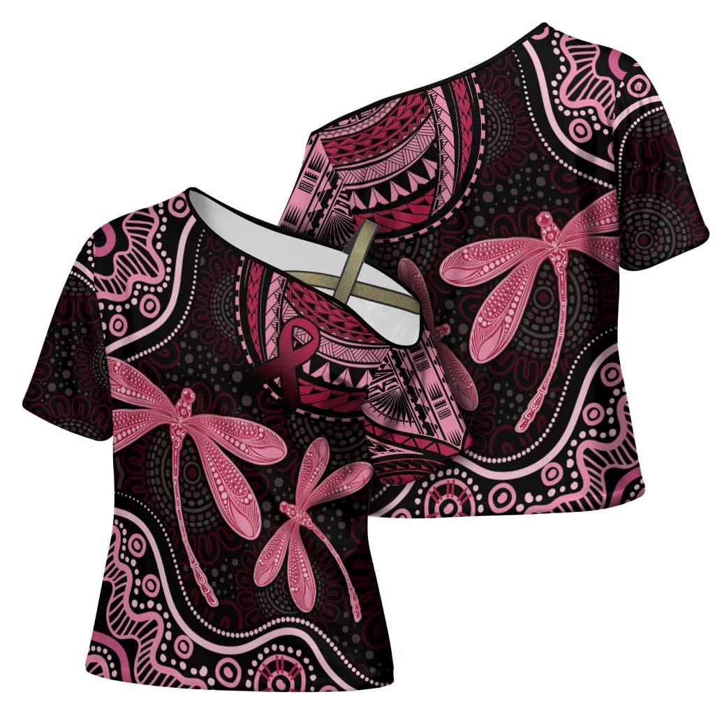 Australia Indigenous Mix Polynesian Cross Shoulder Shirt Pink Ribbon and Dragonflies - Aussie Hoodie