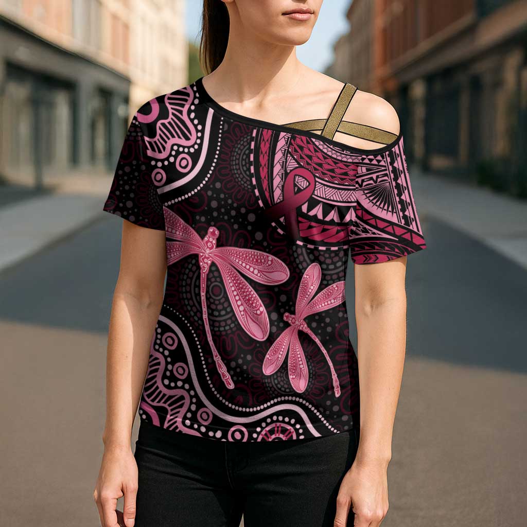 Australia Indigenous Mix Polynesian Cross Shoulder Shirt Pink Ribbon and Dragonflies - Aussie Hoodie