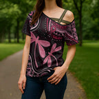 Australia Indigenous Mix Polynesian Cross Shoulder Shirt Pink Ribbon and Dragonflies - Aussie Hoodie