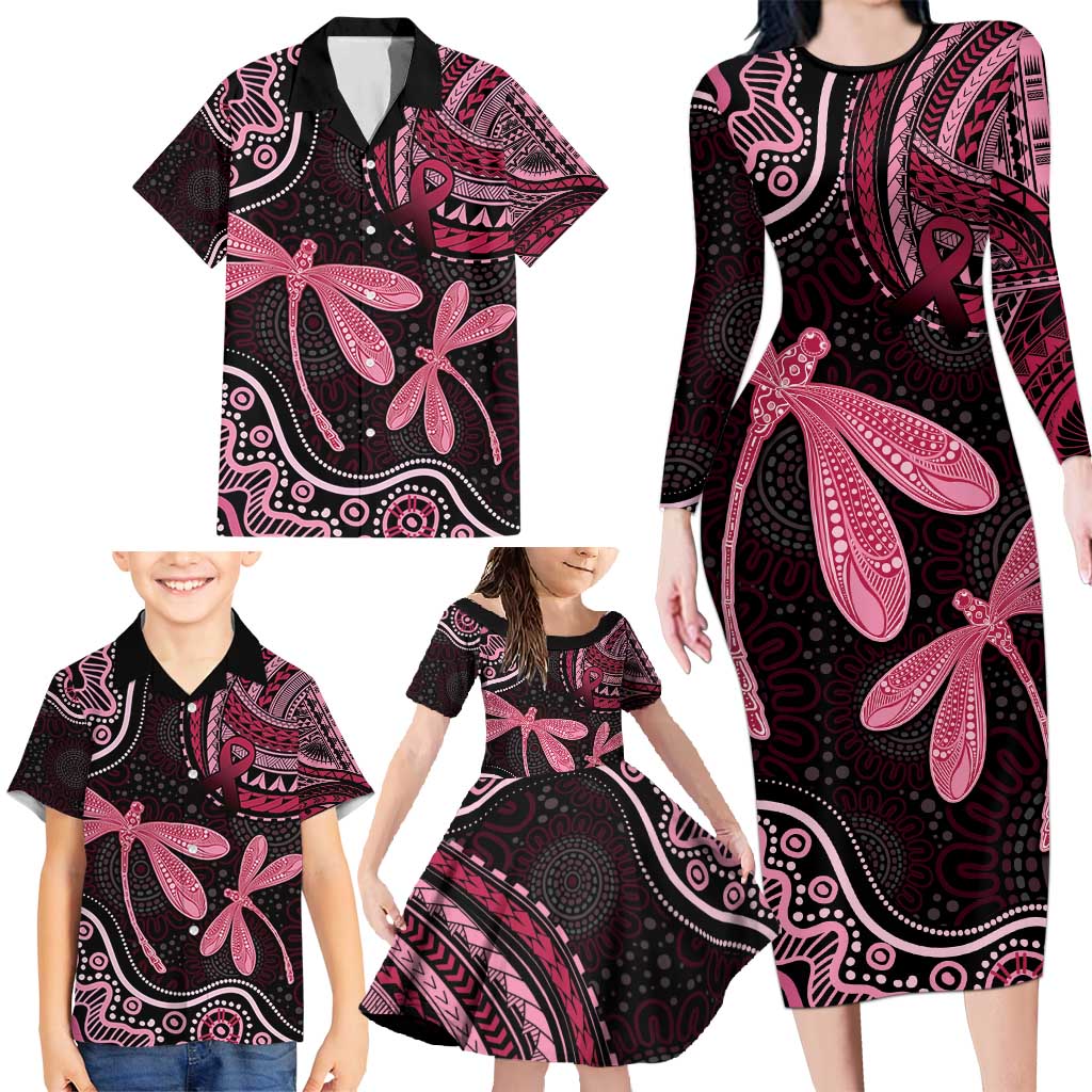 Australia Indigenous Mix Polynesian Family Matching Long Sleeve Bodycon Dress and Hawaiian Shirt Pink Ribbon and Dragonflies - Aussie Hoodie