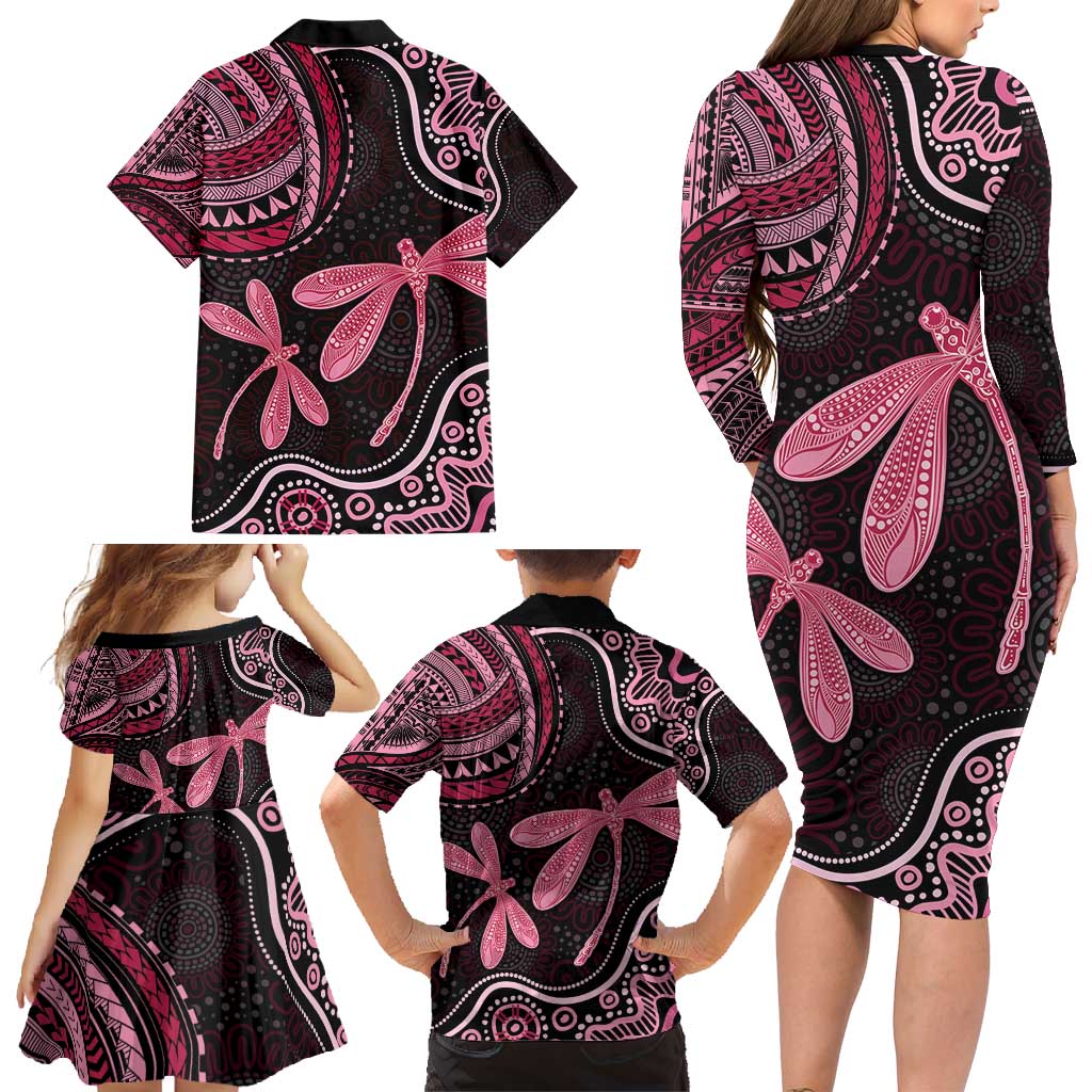 Australia Indigenous Mix Polynesian Family Matching Long Sleeve Bodycon Dress and Hawaiian Shirt Pink Ribbon and Dragonflies - Aussie Hoodie