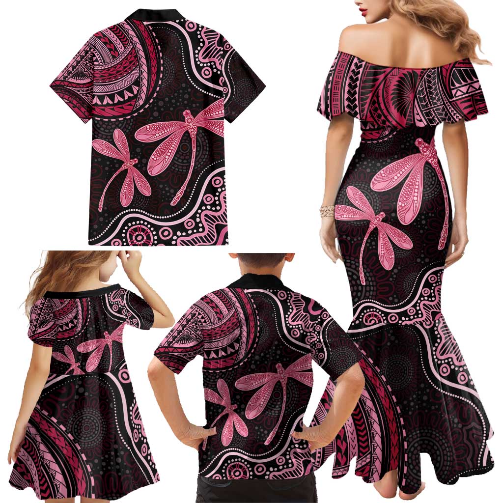 Australia Indigenous Mix Polynesian Family Matching Mermaid Dress and Hawaiian Shirt Pink Ribbon and Dragonflies - Aussie Hoodie