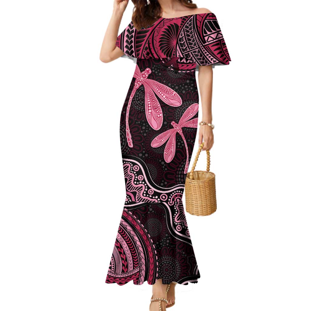 Australia Indigenous Mix Polynesian Family Matching Mermaid Dress and Hawaiian Shirt Pink Ribbon and Dragonflies - Aussie Hoodie