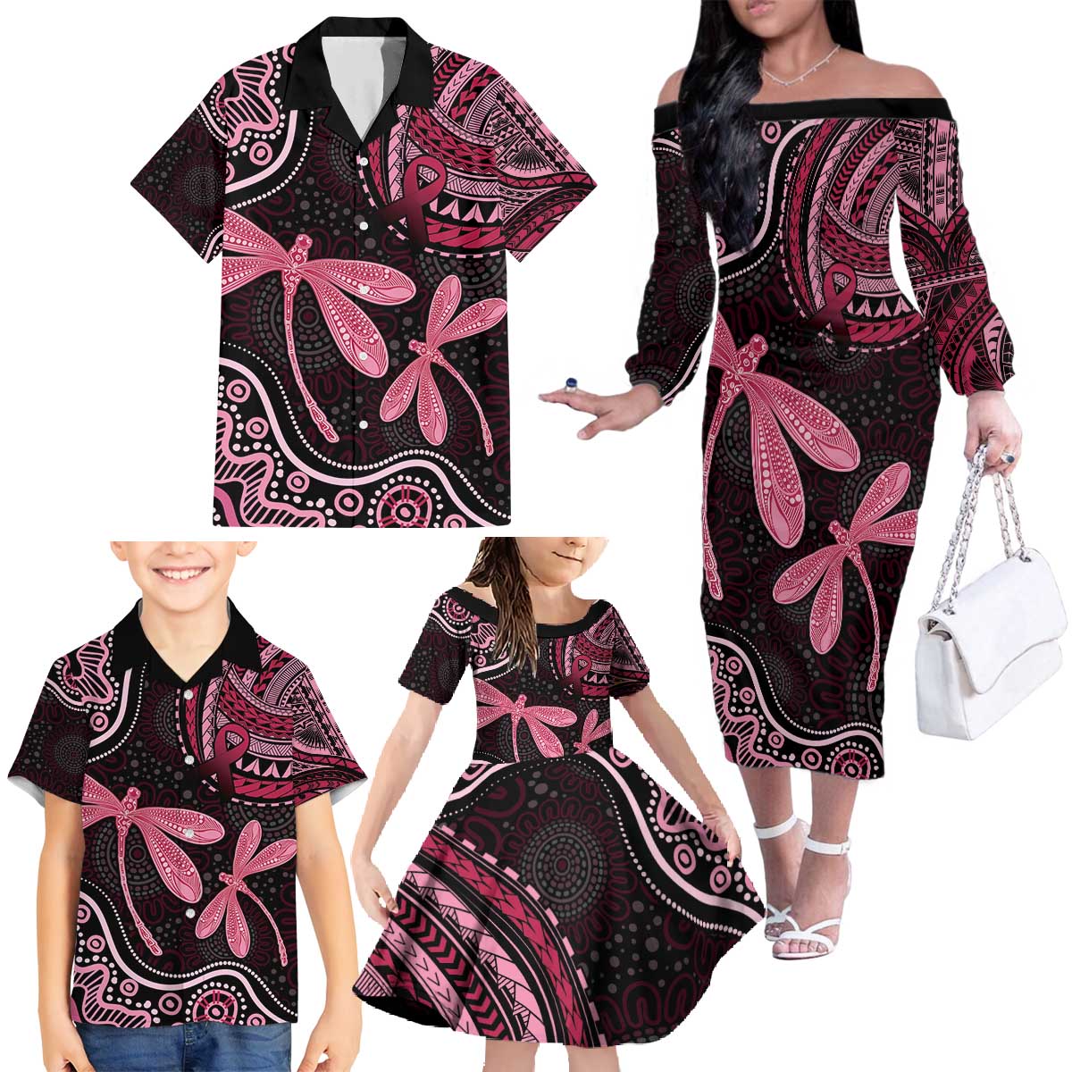 Australia Indigenous Mix Polynesian Family Matching Off The Shoulder Long Sleeve Dress and Hawaiian Shirt Pink Ribbon and Dragonflies - Aussie Hoodie