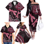 Australia Indigenous Mix Polynesian Family Matching Off The Shoulder Long Sleeve Dress and Hawaiian Shirt Pink Ribbon and Dragonflies - Aussie Hoodie