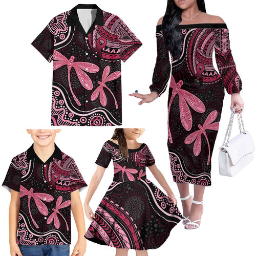Australia Indigenous Mix Polynesian Family Matching Off The Shoulder Long Sleeve Dress and Hawaiian Shirt Pink Ribbon and Dragonflies - Aussie Hoodie