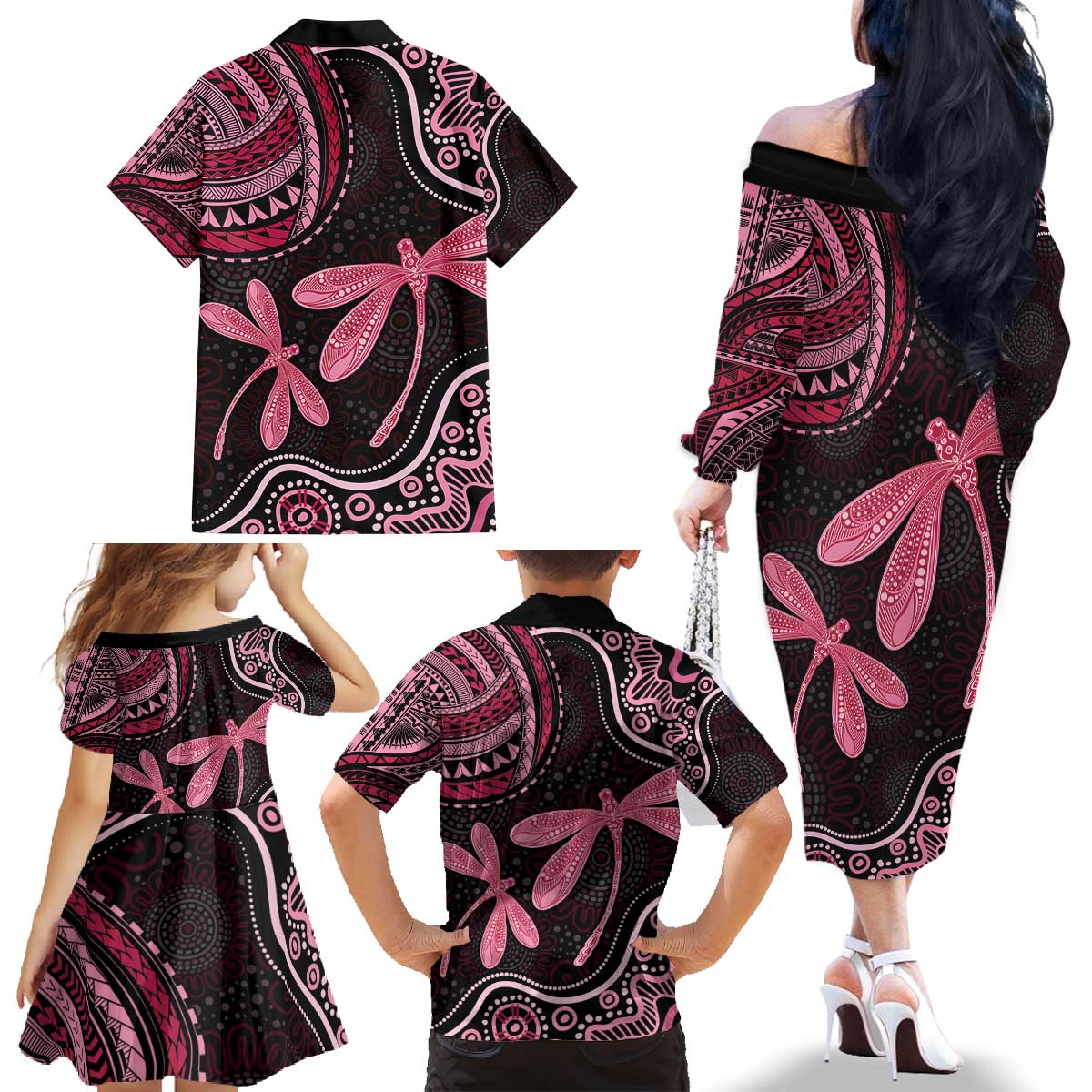 Australia Indigenous Mix Polynesian Family Matching Off The Shoulder Long Sleeve Dress and Hawaiian Shirt Pink Ribbon and Dragonflies - Aussie Hoodie
