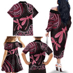 Australia Indigenous Mix Polynesian Family Matching Off The Shoulder Long Sleeve Dress and Hawaiian Shirt Pink Ribbon and Dragonflies - Aussie Hoodie