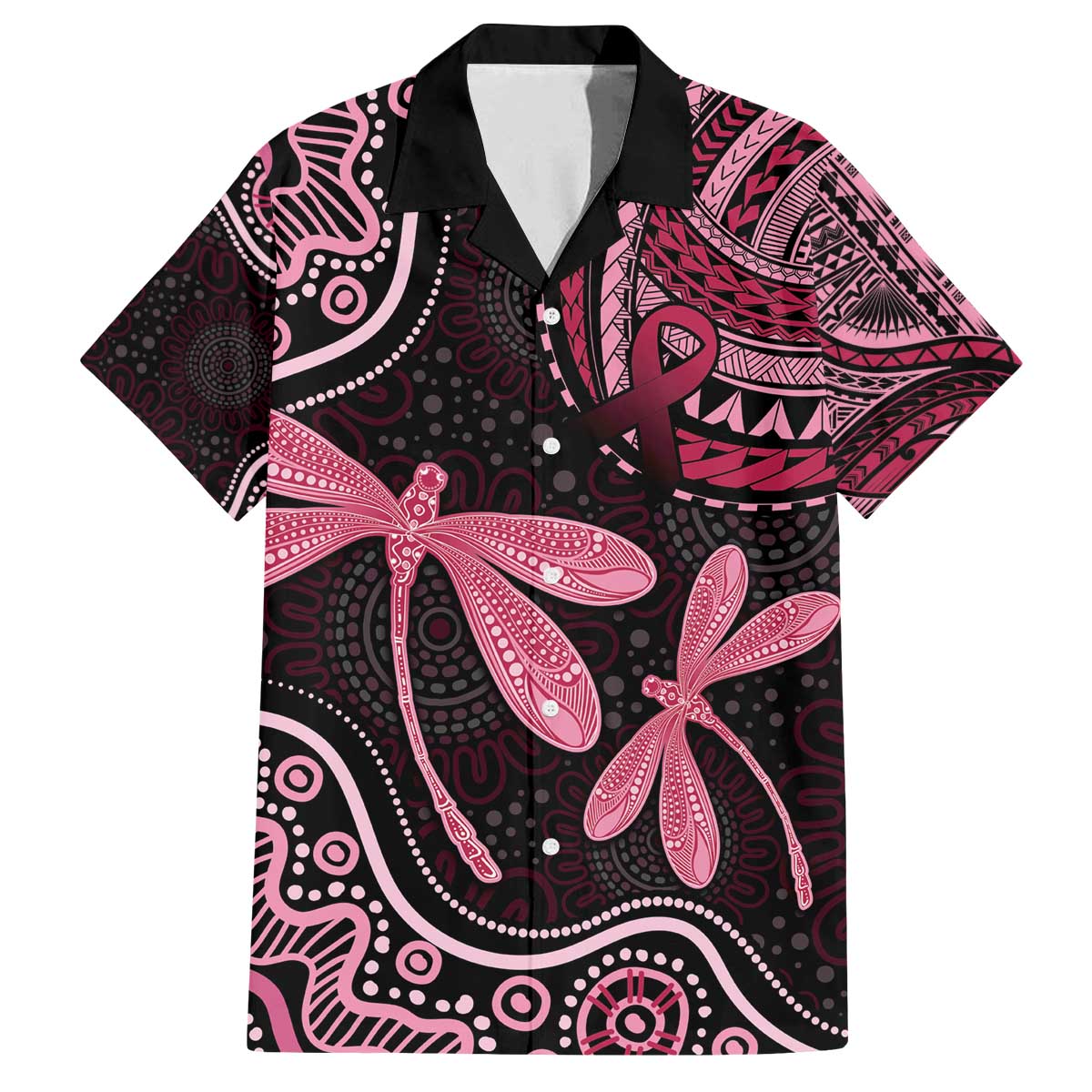 Australia Indigenous Mix Polynesian Family Matching Off The Shoulder Long Sleeve Dress and Hawaiian Shirt Pink Ribbon and Dragonflies - Aussie Hoodie