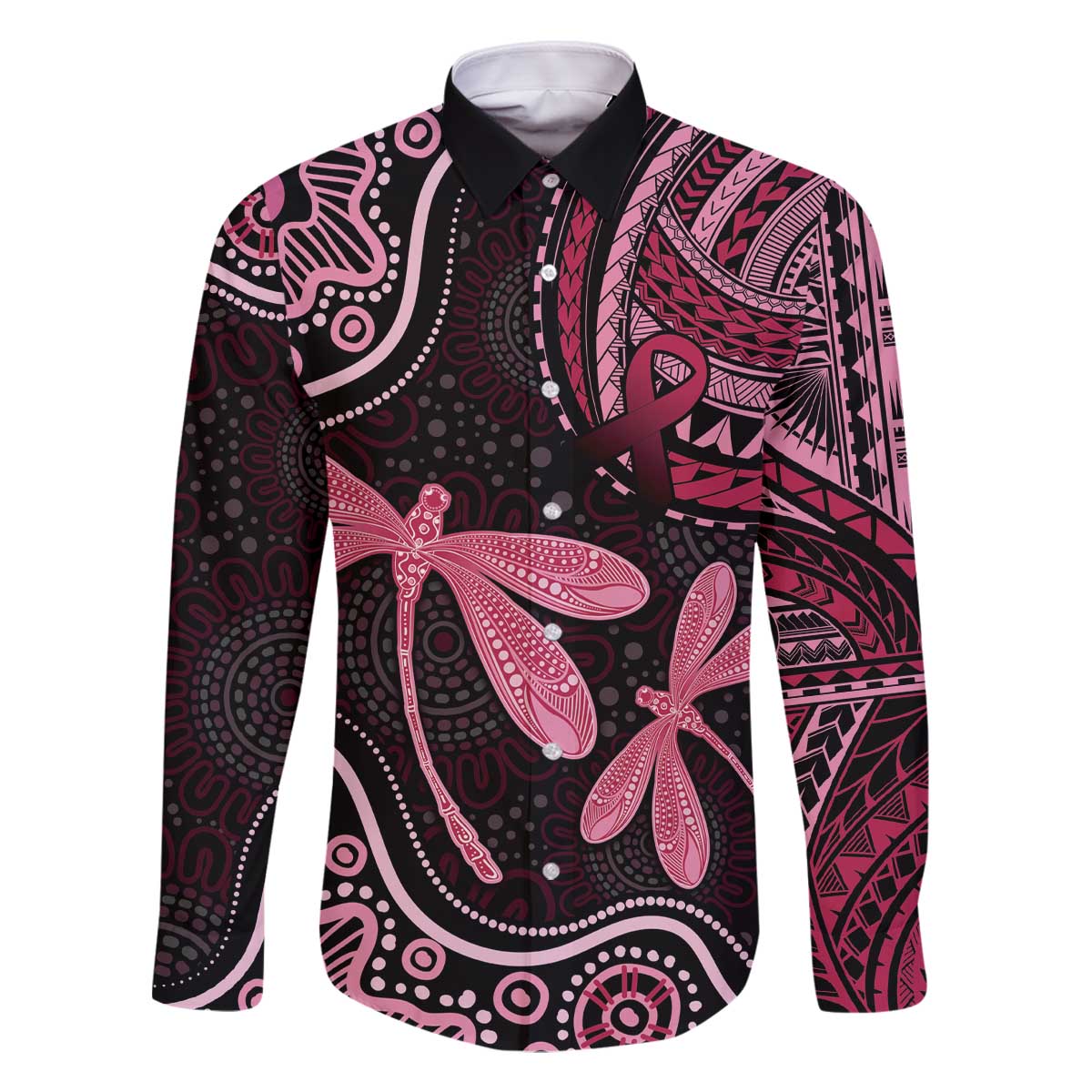 Australia Indigenous Mix Polynesian Family Matching Off The Shoulder Long Sleeve Dress and Hawaiian Shirt Pink Ribbon and Dragonflies - Aussie Hoodie