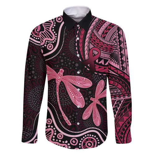 Australia Indigenous Mix Polynesian Family Matching Off The Shoulder Long Sleeve Dress and Hawaiian Shirt Pink Ribbon and Dragonflies - Aussie Hoodie