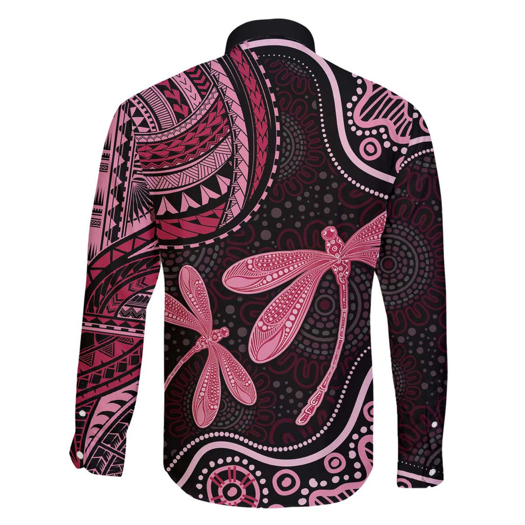 Australia Indigenous Mix Polynesian Family Matching Off The Shoulder Long Sleeve Dress and Hawaiian Shirt Pink Ribbon and Dragonflies - Aussie Hoodie