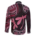 Australia Indigenous Mix Polynesian Family Matching Off The Shoulder Long Sleeve Dress and Hawaiian Shirt Pink Ribbon and Dragonflies - Aussie Hoodie