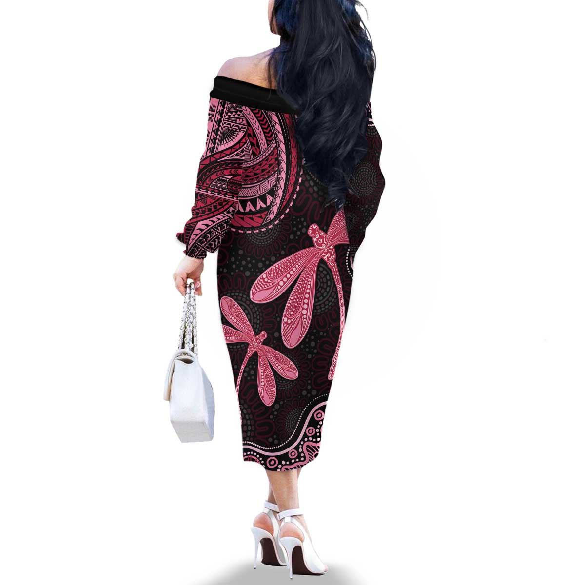 Australia Indigenous Mix Polynesian Family Matching Off The Shoulder Long Sleeve Dress and Hawaiian Shirt Pink Ribbon and Dragonflies - Aussie Hoodie