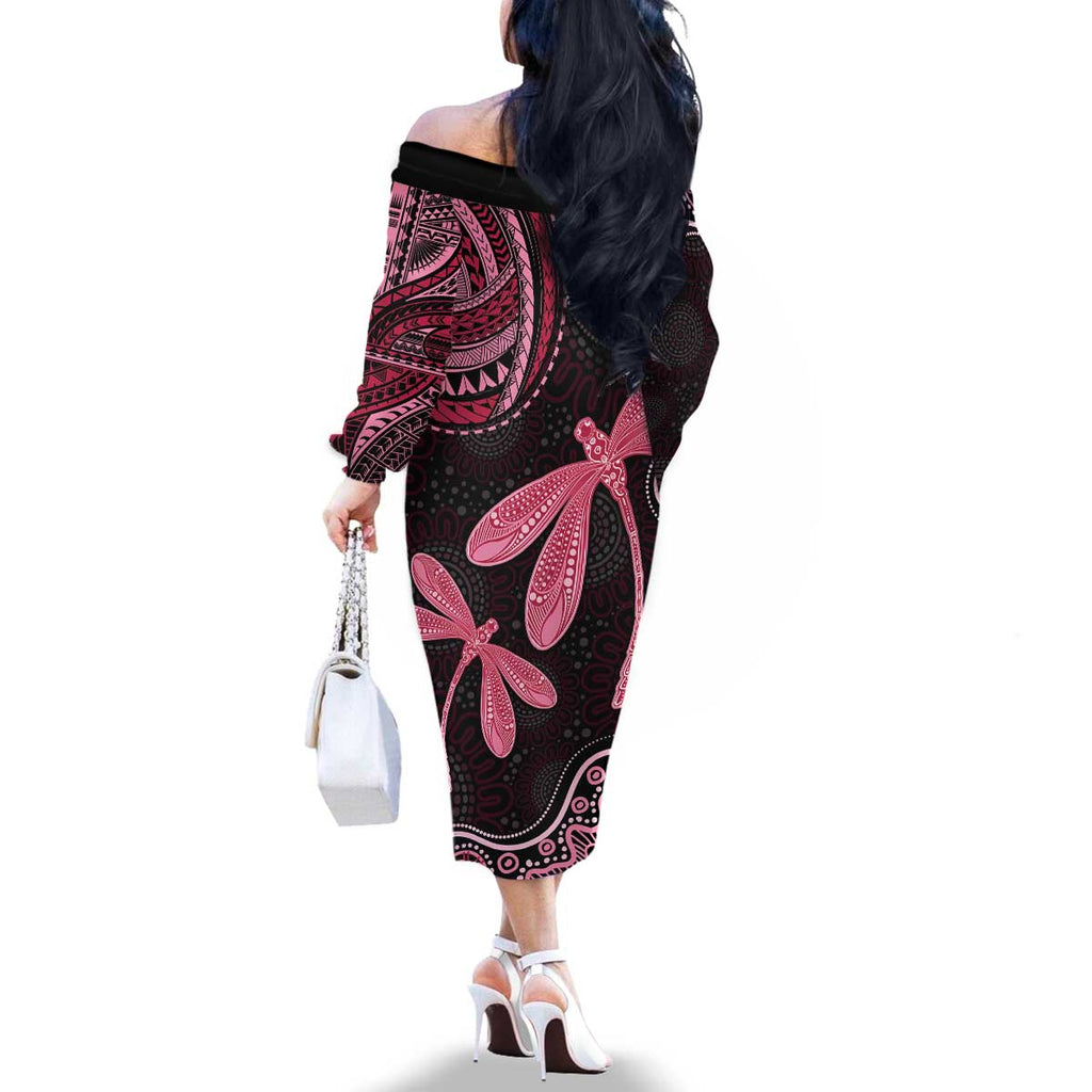 Australia Indigenous Mix Polynesian Family Matching Off The Shoulder Long Sleeve Dress and Hawaiian Shirt Pink Ribbon and Dragonflies - Aussie Hoodie