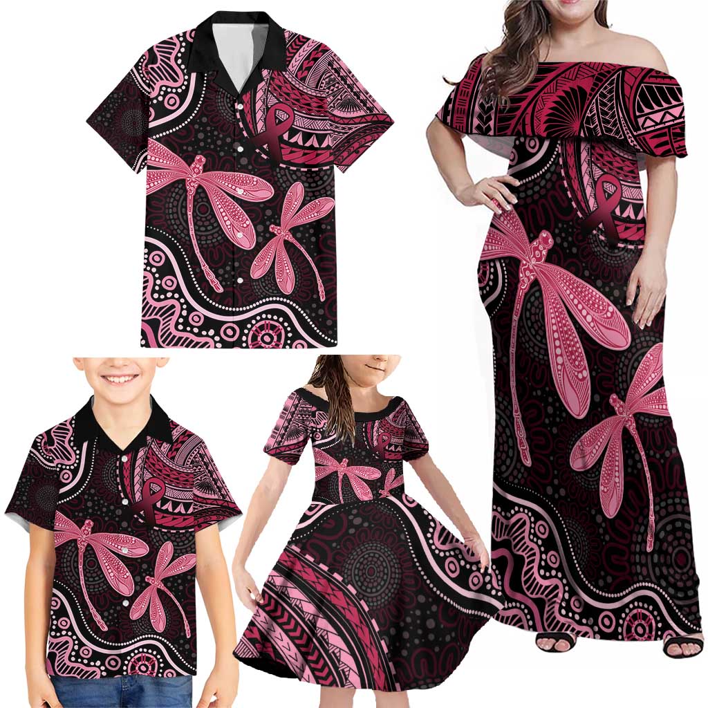 Australia Indigenous Mix Polynesian Family Matching Off Shoulder Maxi Dress and Hawaiian Shirt Pink Ribbon and Dragonflies - Aussie Hoodie