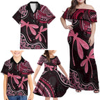 Australia Indigenous Mix Polynesian Family Matching Off Shoulder Maxi Dress and Hawaiian Shirt Pink Ribbon and Dragonflies - Aussie Hoodie