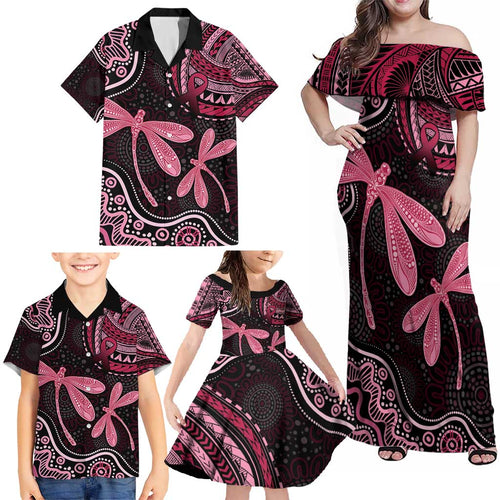 Australia Indigenous Mix Polynesian Family Matching Off Shoulder Maxi Dress and Hawaiian Shirt Pink Ribbon and Dragonflies - Aussie Hoodie