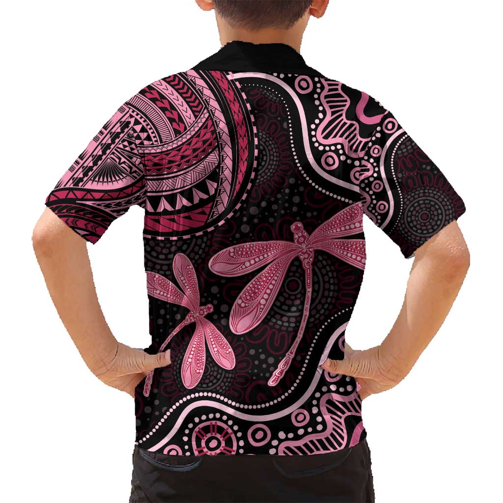 Australia Indigenous Mix Polynesian Family Matching Off Shoulder Maxi Dress and Hawaiian Shirt Pink Ribbon and Dragonflies - Aussie Hoodie