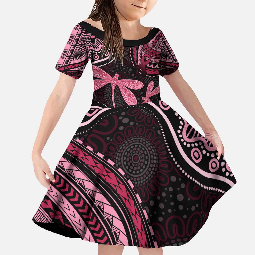 Australia Indigenous Mix Polynesian Family Matching Off Shoulder Maxi Dress and Hawaiian Shirt Pink Ribbon and Dragonflies - Aussie Hoodie