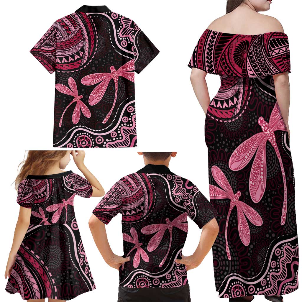 Australia Indigenous Mix Polynesian Family Matching Off Shoulder Maxi Dress and Hawaiian Shirt Pink Ribbon and Dragonflies - Aussie Hoodie