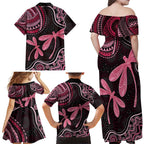 Australia Indigenous Mix Polynesian Family Matching Off Shoulder Maxi Dress and Hawaiian Shirt Pink Ribbon and Dragonflies - Aussie Hoodie