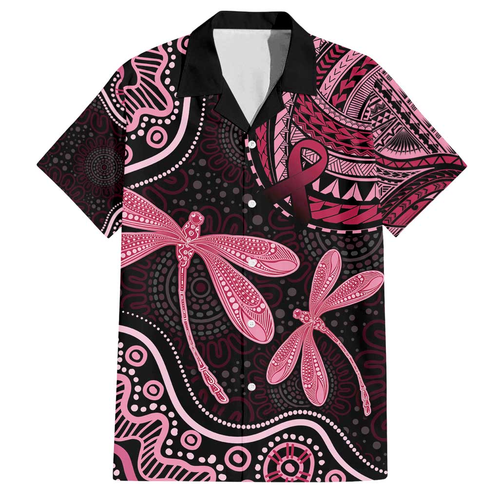 Australia Indigenous Mix Polynesian Family Matching Off Shoulder Maxi Dress and Hawaiian Shirt Pink Ribbon and Dragonflies - Aussie Hoodie