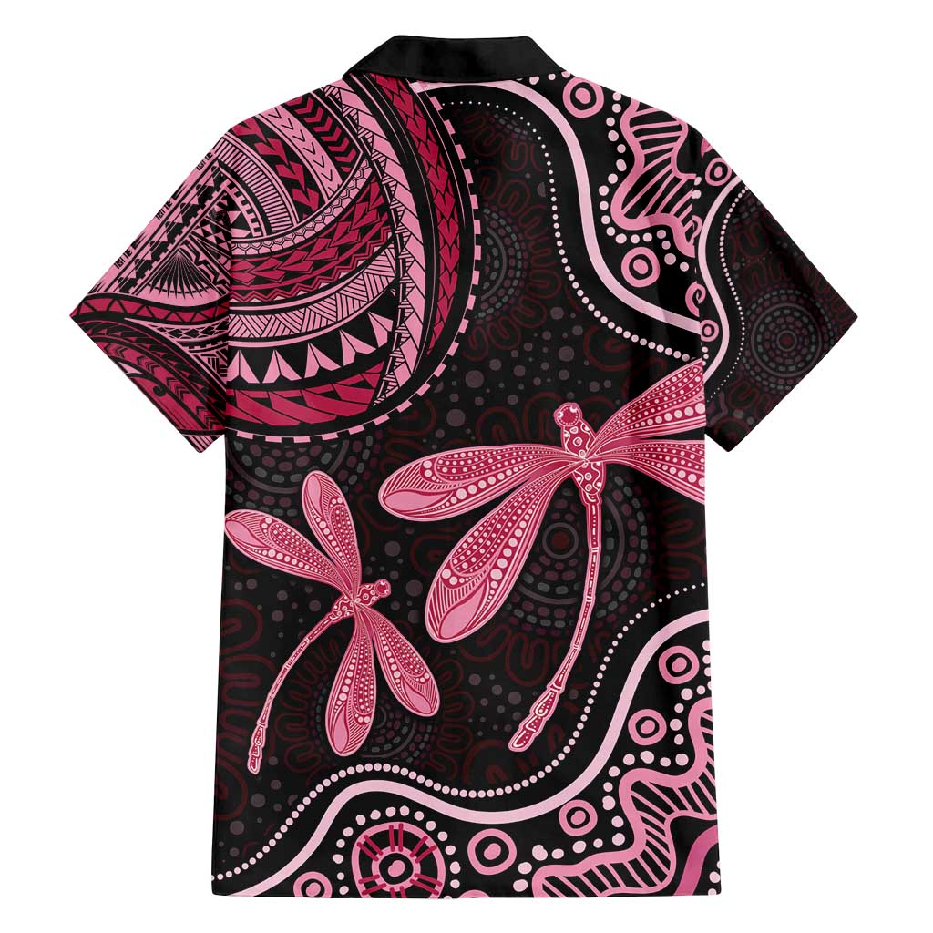 Australia Indigenous Mix Polynesian Family Matching Off Shoulder Maxi Dress and Hawaiian Shirt Pink Ribbon and Dragonflies - Aussie Hoodie