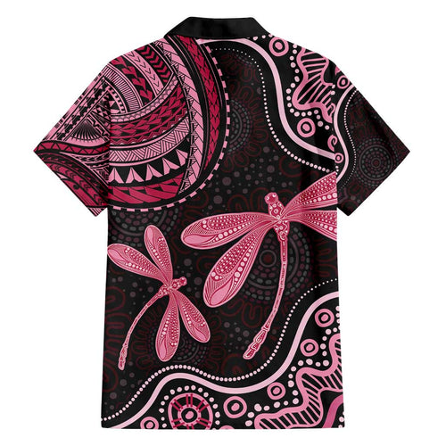 Australia Indigenous Mix Polynesian Family Matching Off Shoulder Maxi Dress and Hawaiian Shirt Pink Ribbon and Dragonflies - Aussie Hoodie
