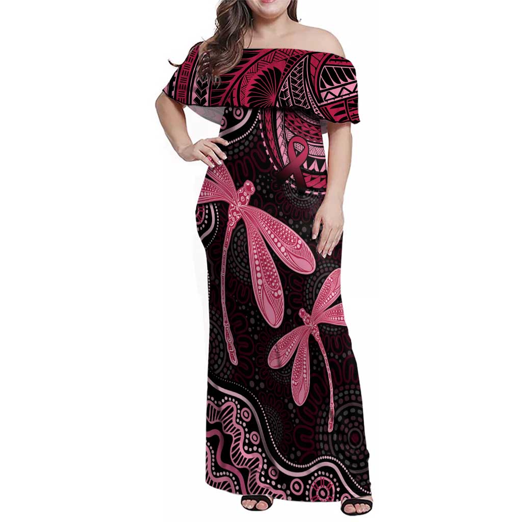 Australia Indigenous Mix Polynesian Family Matching Off Shoulder Maxi Dress and Hawaiian Shirt Pink Ribbon and Dragonflies - Aussie Hoodie