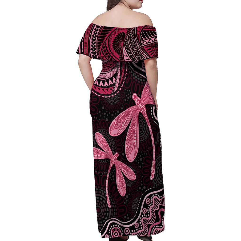 Australia Indigenous Mix Polynesian Family Matching Off Shoulder Maxi Dress and Hawaiian Shirt Pink Ribbon and Dragonflies - Aussie Hoodie