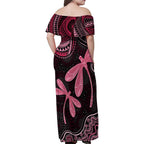 Australia Indigenous Mix Polynesian Family Matching Off Shoulder Maxi Dress and Hawaiian Shirt Pink Ribbon and Dragonflies - Aussie Hoodie