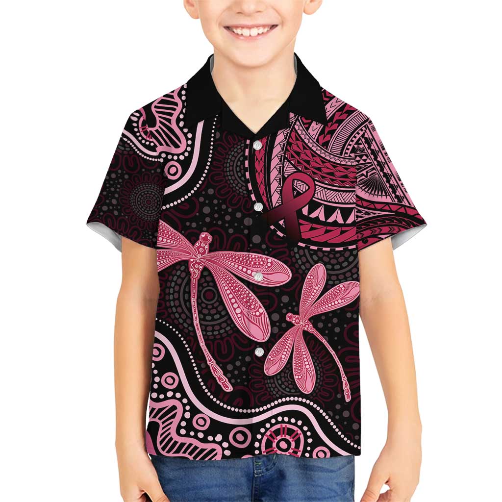 Australia Indigenous Mix Polynesian Family Matching Off Shoulder Maxi Dress and Hawaiian Shirt Pink Ribbon and Dragonflies - Aussie Hoodie