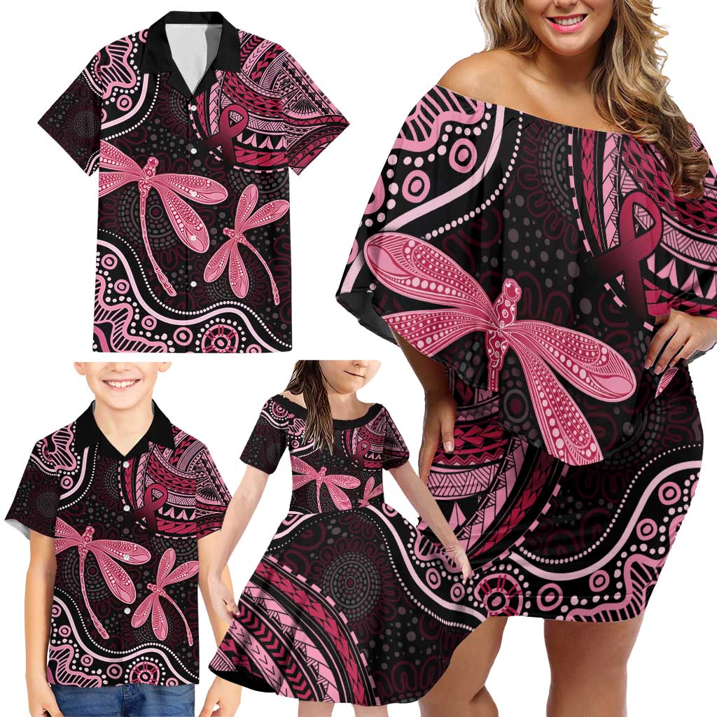Australia Indigenous Mix Polynesian Family Matching Off Shoulder Short Dress and Hawaiian Shirt Pink Ribbon and Dragonflies - Aussie Hoodie