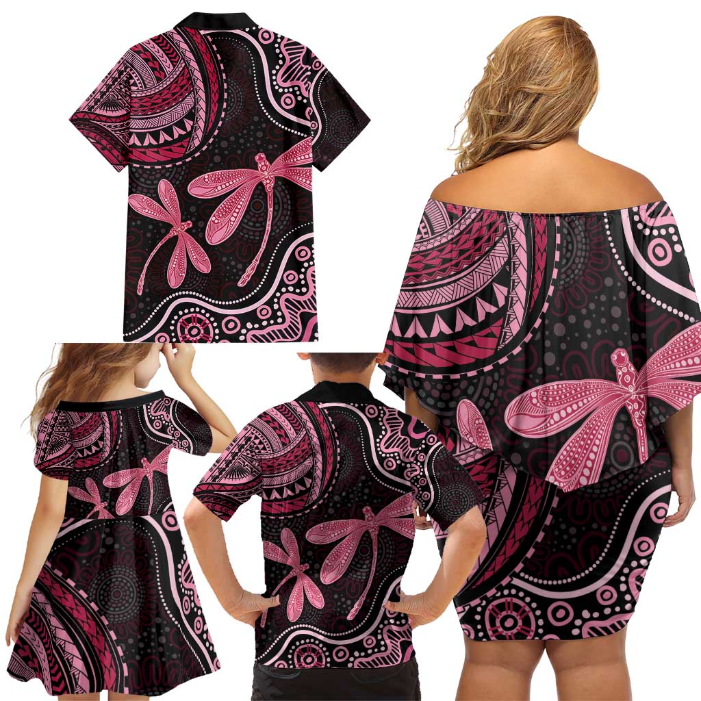 Australia Indigenous Mix Polynesian Family Matching Off Shoulder Short Dress and Hawaiian Shirt Pink Ribbon and Dragonflies - Aussie Hoodie