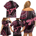 Australia Indigenous Mix Polynesian Family Matching Off Shoulder Short Dress and Hawaiian Shirt Pink Ribbon and Dragonflies - Aussie Hoodie