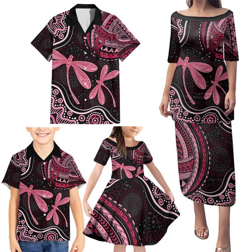 Australia Indigenous Mix Polynesian Family Matching Puletasi and Hawaiian Shirt Pink Ribbon and Dragonflies - Aussie Hoodie