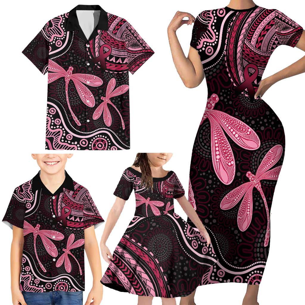 Australia Indigenous Mix Polynesian Family Matching Short Sleeve Bodycon Dress and Hawaiian Shirt Pink Ribbon and Dragonflies - Aussie Hoodie