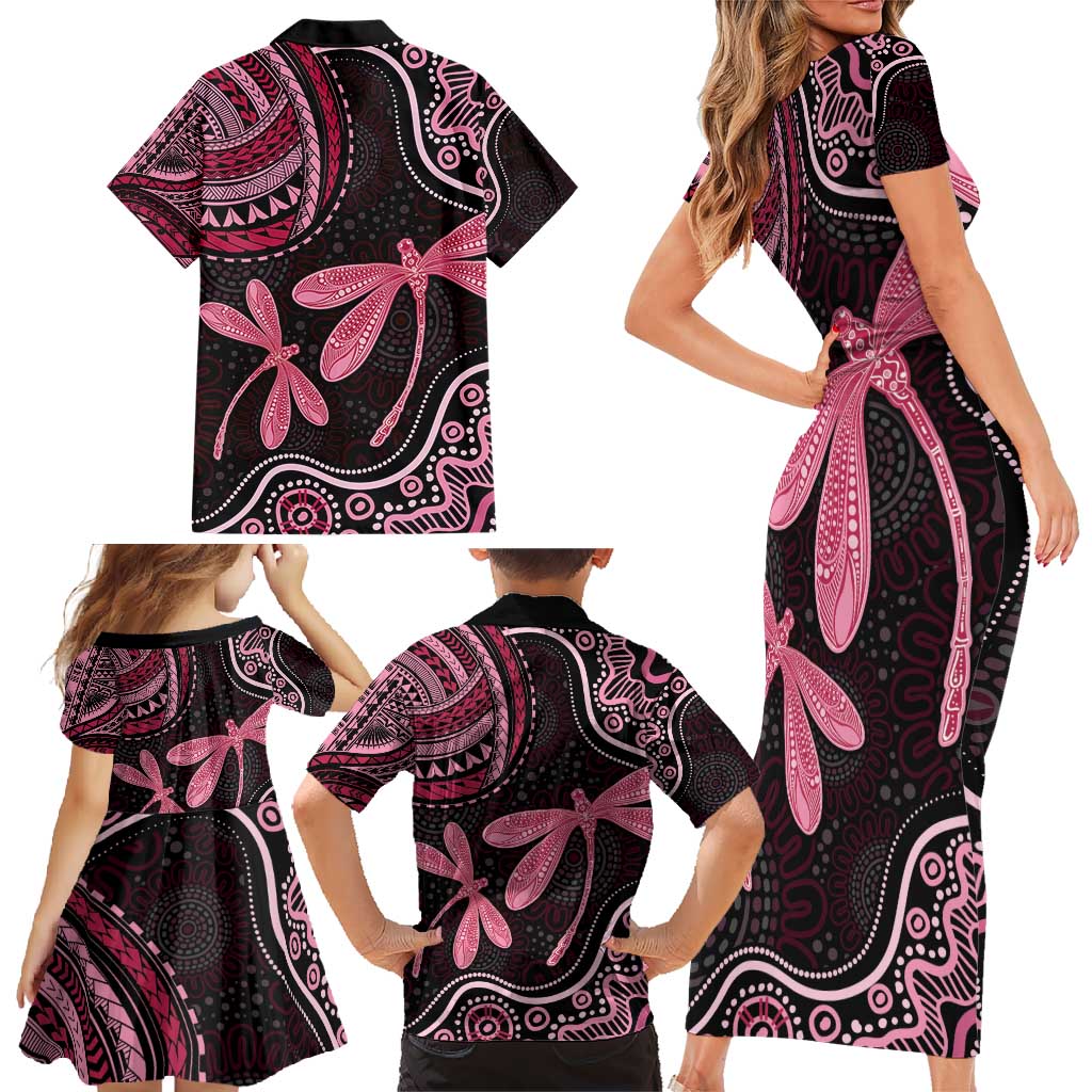 Australia Indigenous Mix Polynesian Family Matching Short Sleeve Bodycon Dress and Hawaiian Shirt Pink Ribbon and Dragonflies - Aussie Hoodie