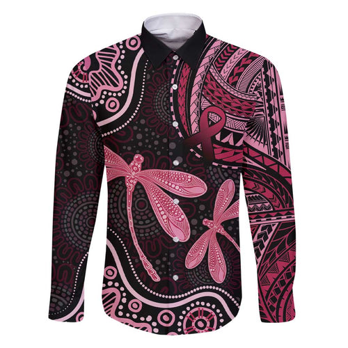Australia Indigenous Mix Polynesian Family Matching Short Sleeve Bodycon Dress and Hawaiian Shirt Pink Ribbon and Dragonflies - Aussie Hoodie
