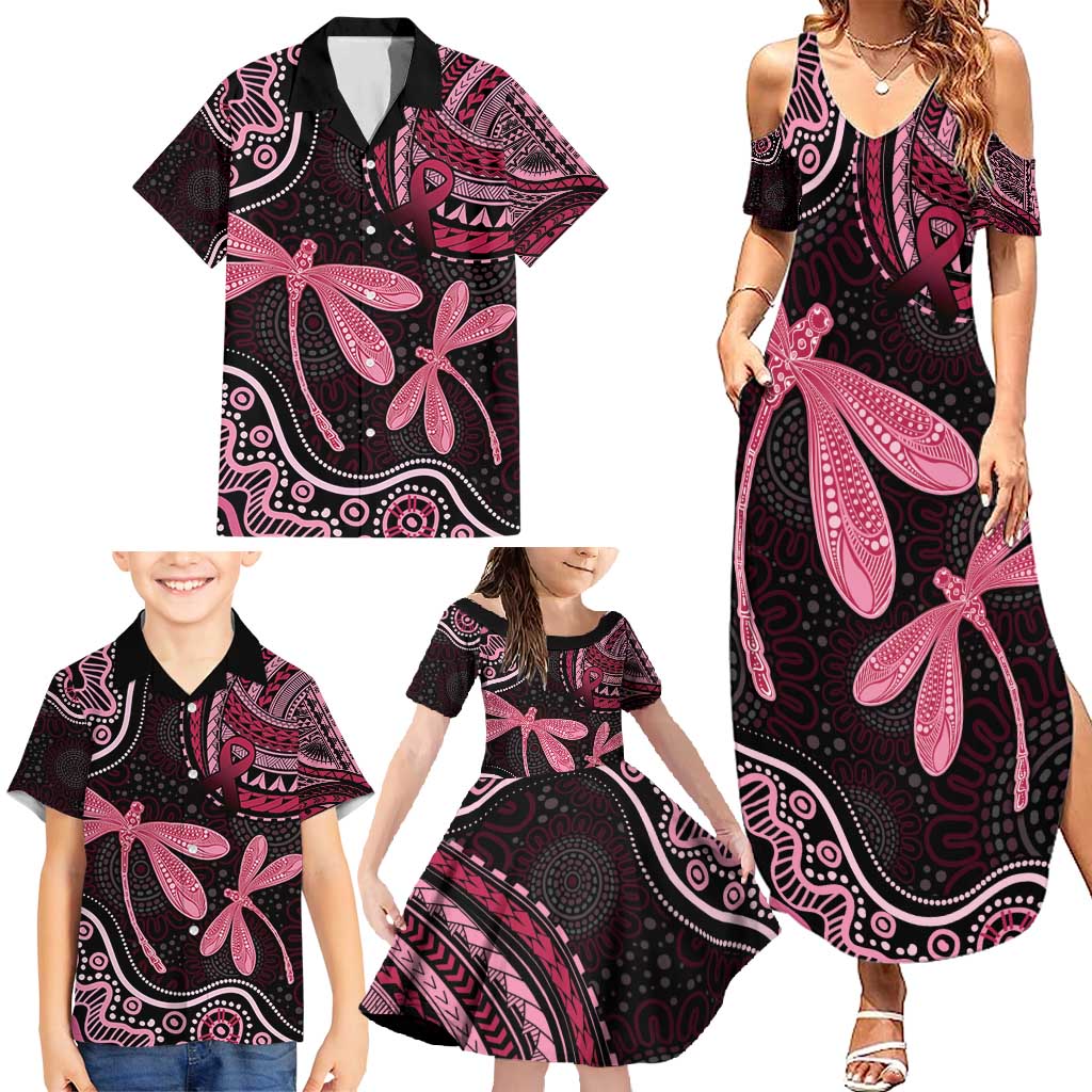Australia Indigenous Mix Polynesian Family Matching Summer Maxi Dress and Hawaiian Shirt Pink Ribbon and Dragonflies - Aussie Hoodie