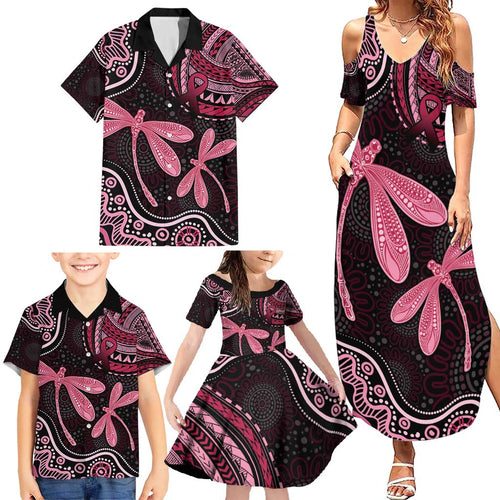 Australia Indigenous Mix Polynesian Family Matching Summer Maxi Dress and Hawaiian Shirt Pink Ribbon and Dragonflies - Aussie Hoodie