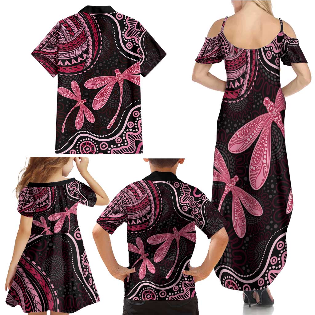 Australia Indigenous Mix Polynesian Family Matching Summer Maxi Dress and Hawaiian Shirt Pink Ribbon and Dragonflies - Aussie Hoodie