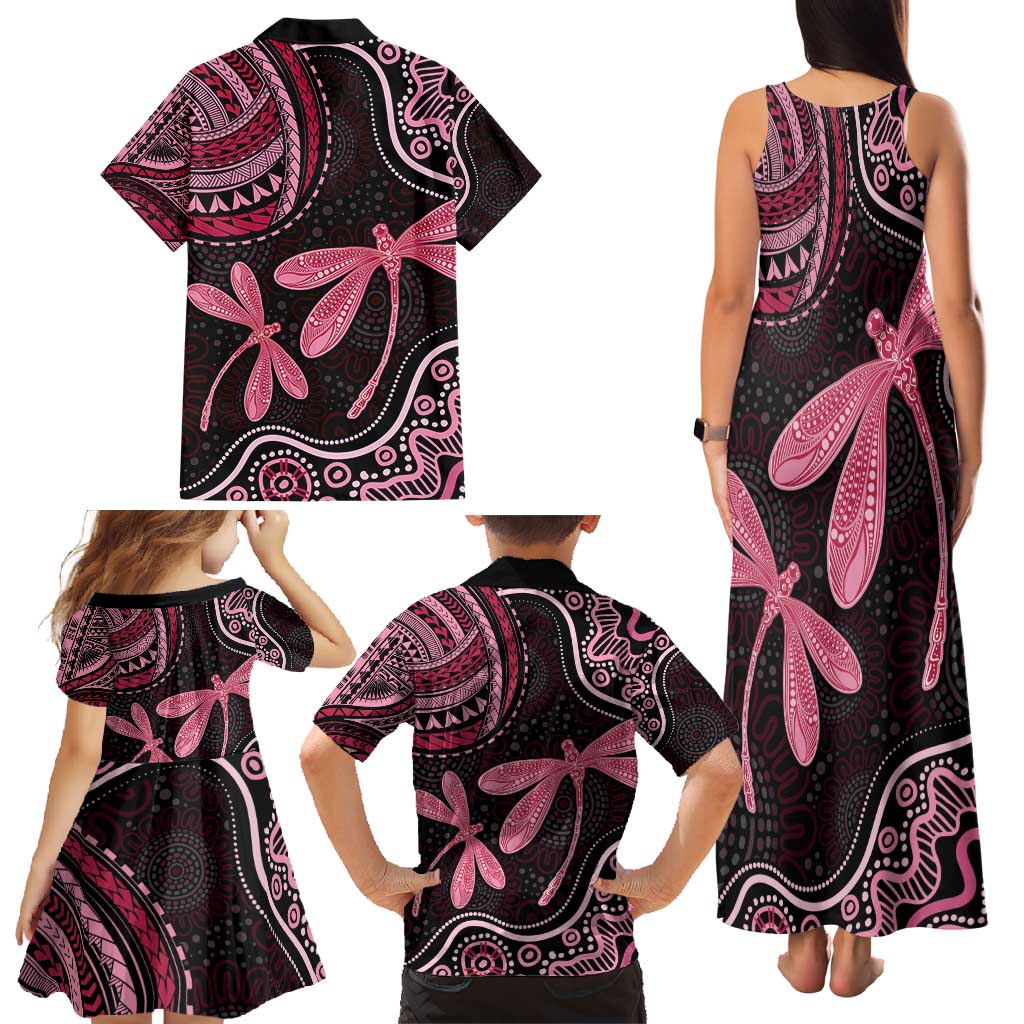 Australia Indigenous Mix Polynesian Family Matching Tank Maxi Dress and Hawaiian Shirt Pink Ribbon and Dragonflies - Aussie Hoodie