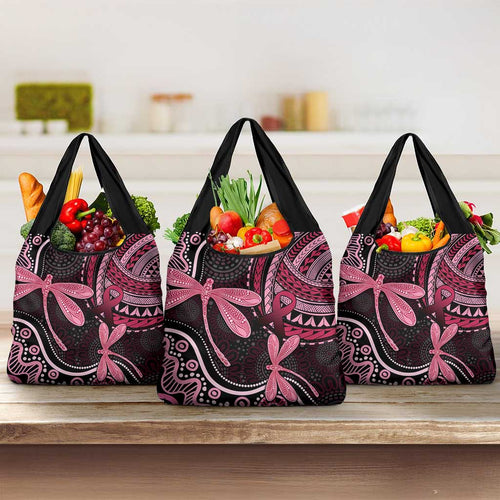 Australia Indigenous Mix Polynesian Grocery Bag Pink Ribbon and Dragonflies - Aussie Hoodie