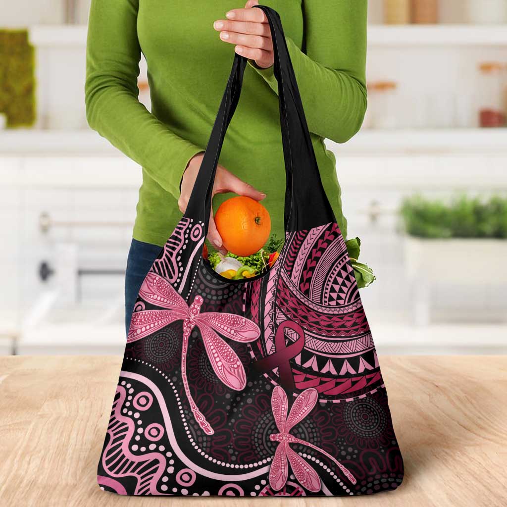 Australia Indigenous Mix Polynesian Grocery Bag Pink Ribbon and Dragonflies - Aussie Hoodie